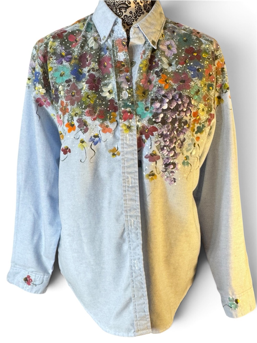 Vintage Hand Painted Floral Button-Up Light Blue Shirt size 12 (Large)